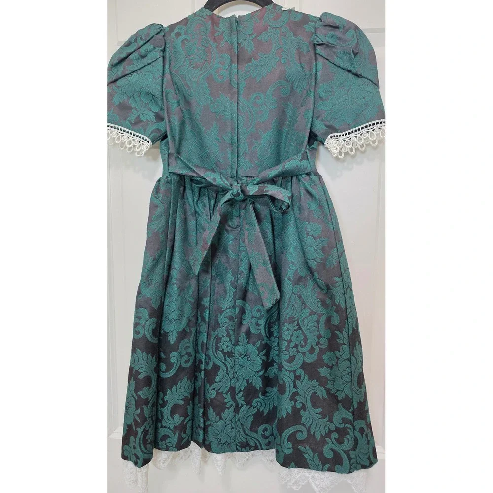 VTG Jessica McClintock Y2k Bridal Dress Girls 6 Green Damask Lace‎ Holiday Party